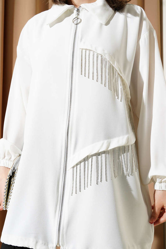 Püskül Taşlı Fermuarlı Kap Ekru