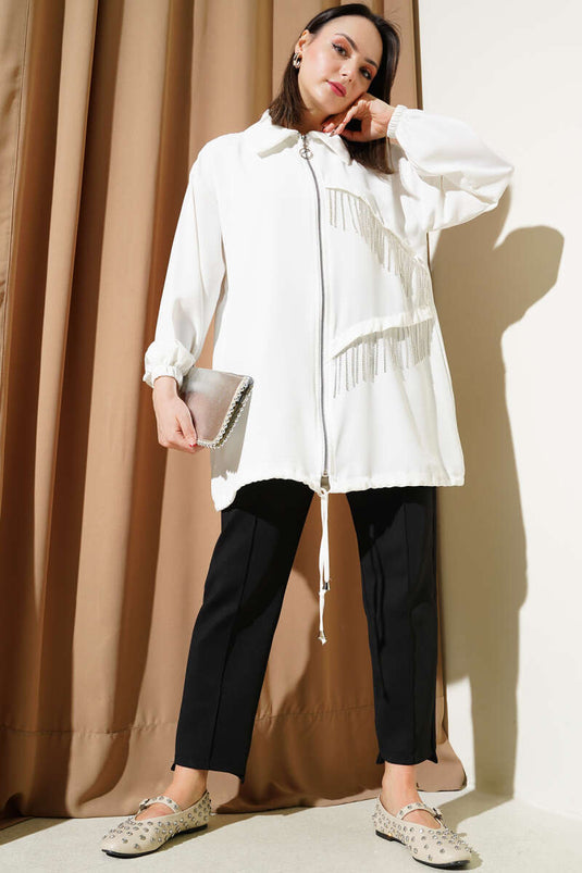 Püskül Taşlı Fermuarlı Kap Ekru