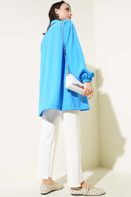 Püskül Taşlı Fermuarlı Kap Mavi