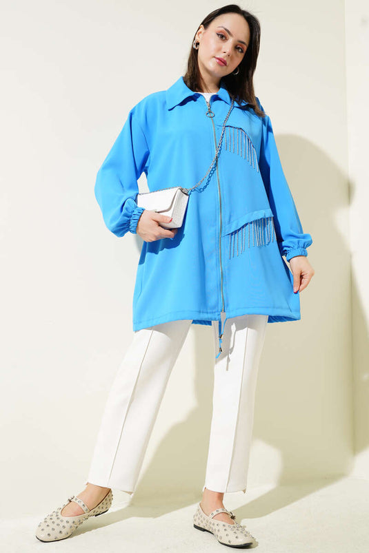 Püskül Taşlı Fermuarlı Kap Mavi