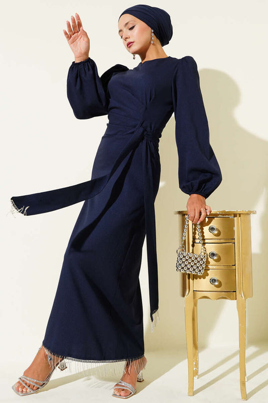 Püskül Taşlı Yan Bağlamalı Abiye Elbise Lacivert
