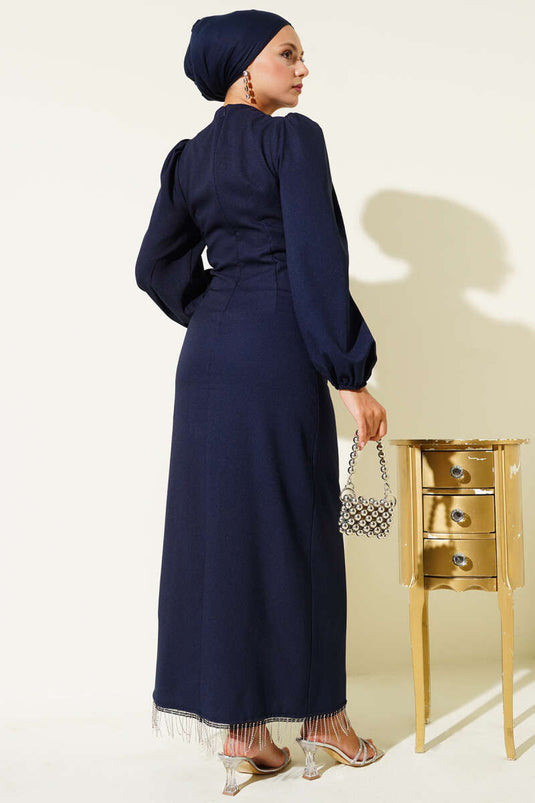 Püskül Taşlı Yan Bağlamalı Abiye Elbise Lacivert