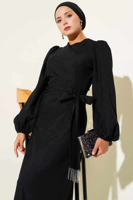 Püskül Taşlı Yan Bağlamalı Abiye Elbise Siyah