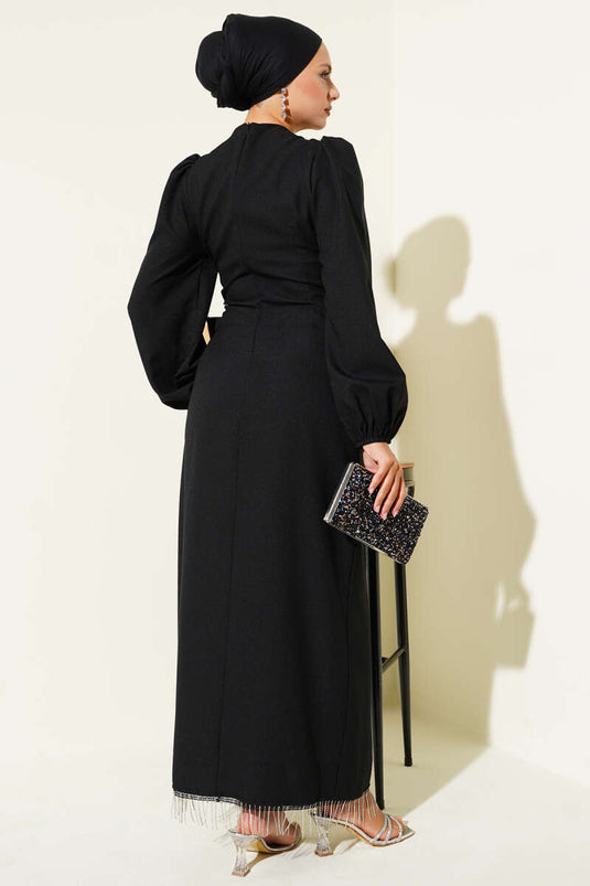 Püskül Taşlı Yan Bağlamalı Abiye Elbise Siyah