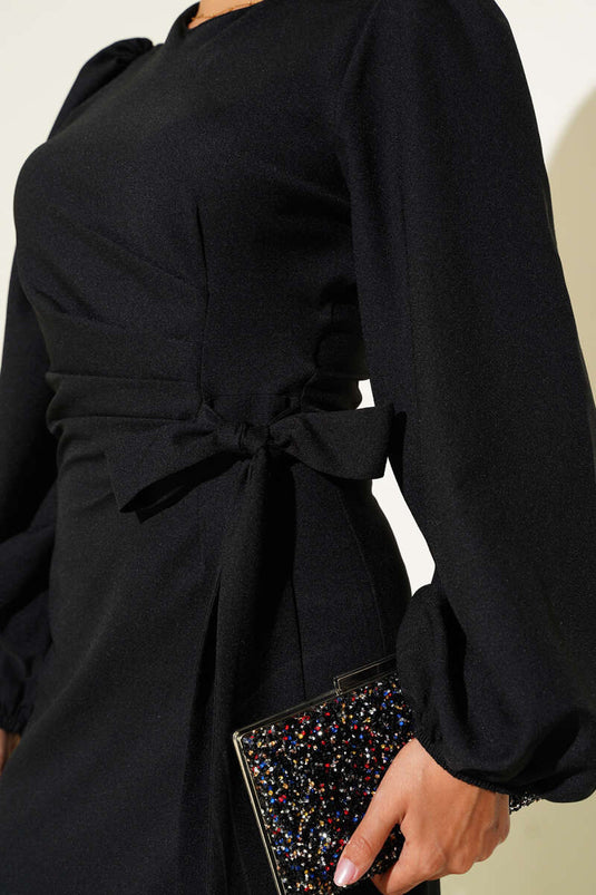 Püskül Taşlı Yan Bağlamalı Abiye Elbise Siyah