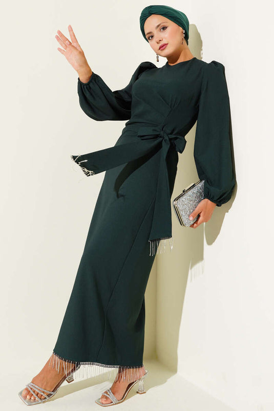 Püskül Taşlı Yan Bağlamalı Abiye Elbise Zümrüt