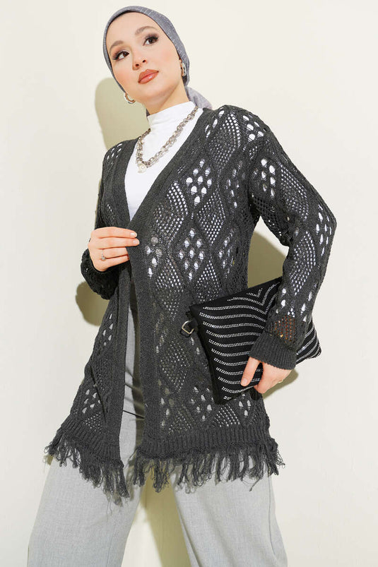 Fringed Baklava Pattern Openwork Cardigan Smoke Gray