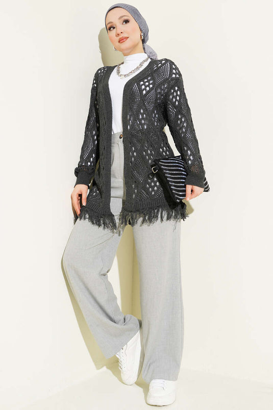 Fringed Baklava Pattern Openwork Cardigan Smoke Gray