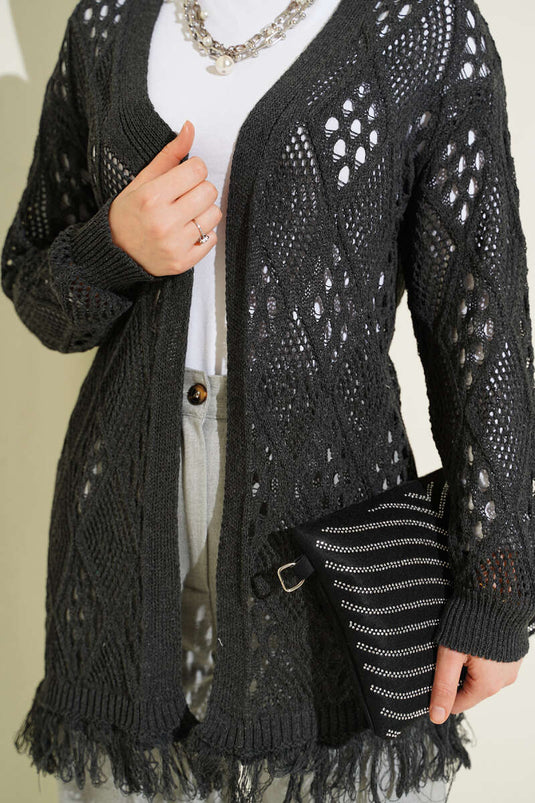 Fringed Baklava Pattern Openwork Cardigan Smoke Gray