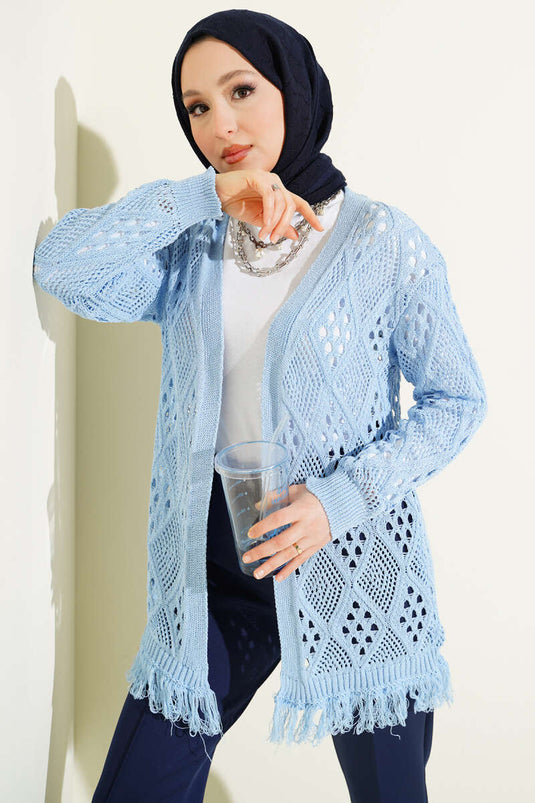 Cardigan ajouré à motif baklava à franges bleu