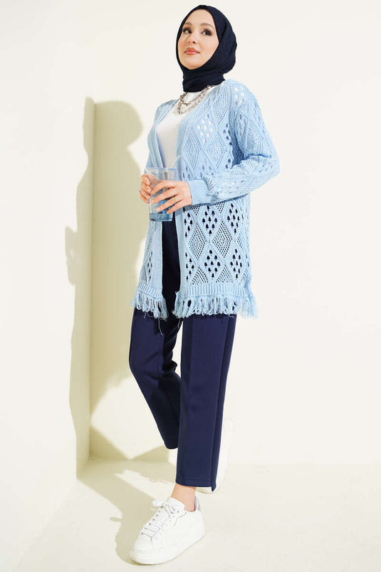 Cardigan ajouré à motif baklava à franges bleu