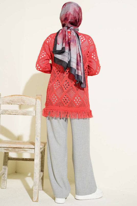 Cardigan ajouré à motif baklava à franges, couleur corail