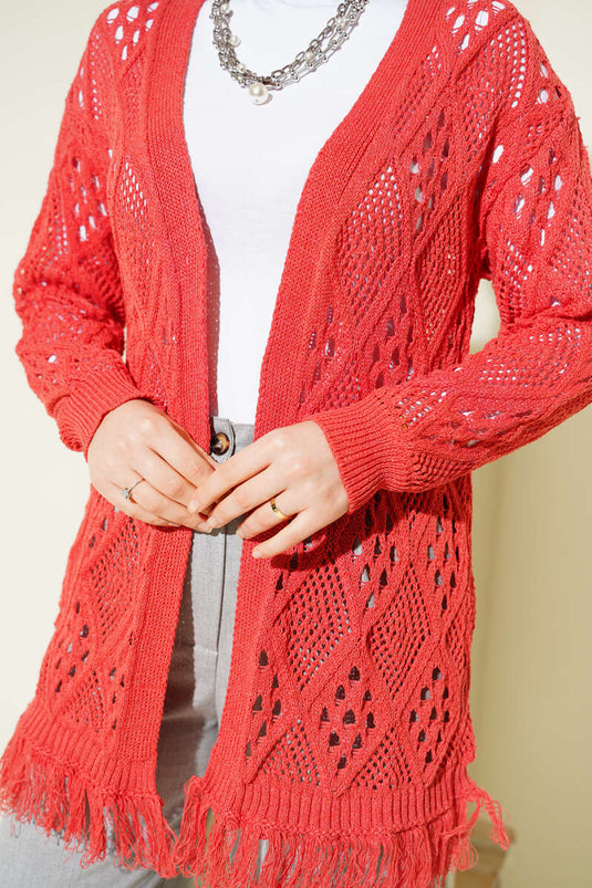 Cardigan ajouré à motif baklava à franges, couleur corail
