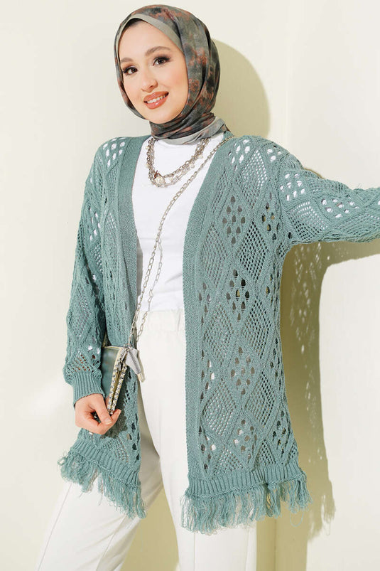 Fringed Baklava Pattern Openwork Cardigan Mint