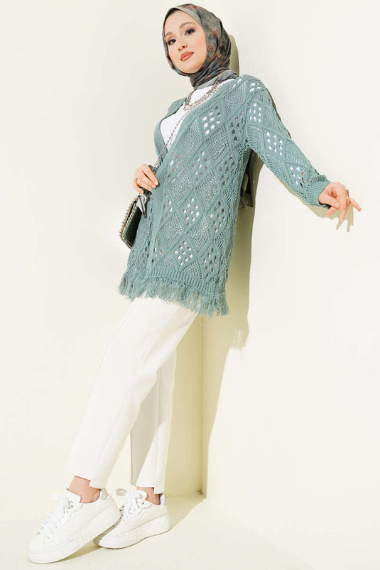 Fringed Baklava Pattern Openwork Cardigan Mint