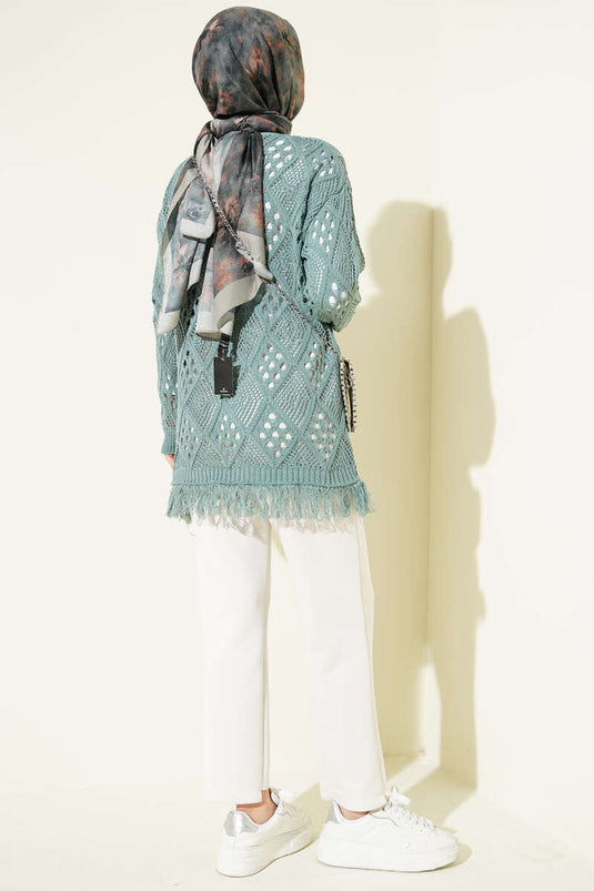 Fringed Baklava Pattern Openwork Cardigan Mint