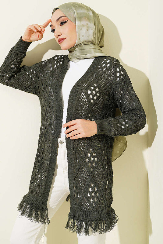 Cardigan ajouré motif baklava à franges, couleur néfti