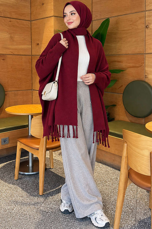 Püsküllü Basic Omuz Şalı Bordo