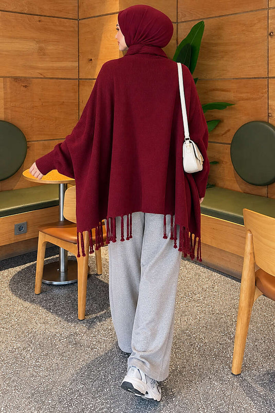 Püsküllü Basic Omuz Şalı Bordo