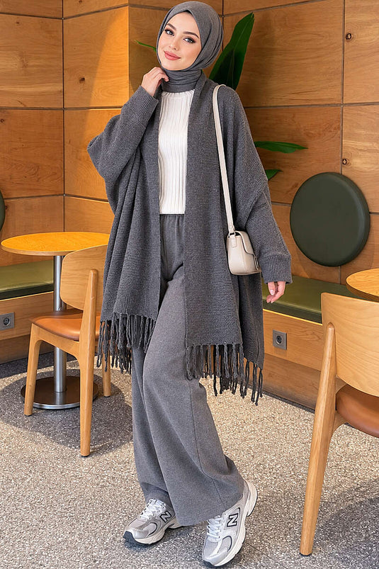 Châle Basic À Franges Pour Épaule Gris Fumé