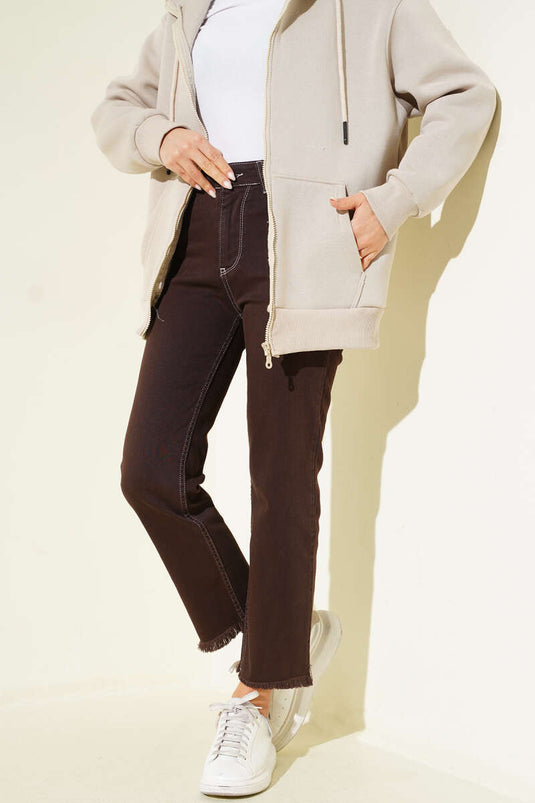 Püsküllü Dar Paça Kot Pantolon Kahve