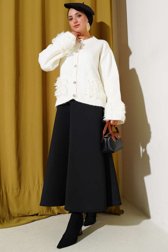 Knitted Cardigan with Tasseled Button Details, Ecru