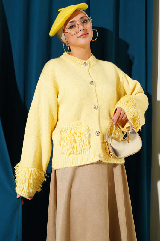 Tasseled Button Detailed Knitwear Cardigan Yellow