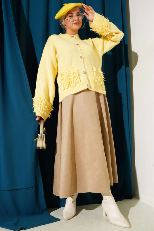 Tasseled Button Detailed Knitwear Cardigan Yellow