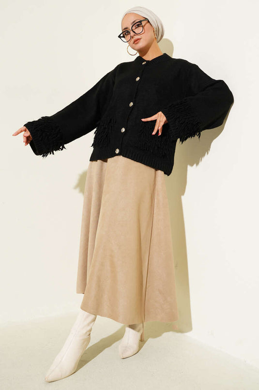 Püsküllü Düğme Detaylı Triko Hırka Siyah