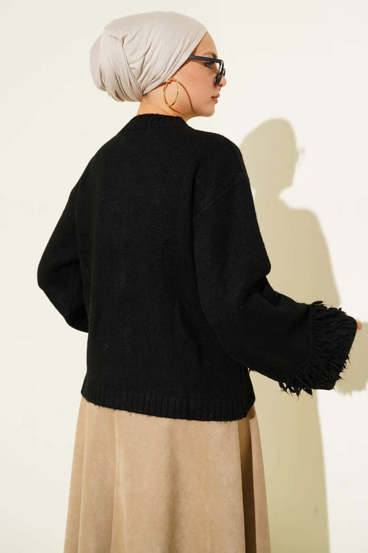 Püsküllü Düğme Detaylı Triko Hırka Siyah