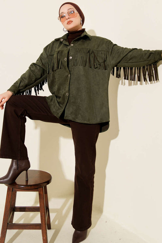 Tassel Buttoned Suede Jacket Khaki