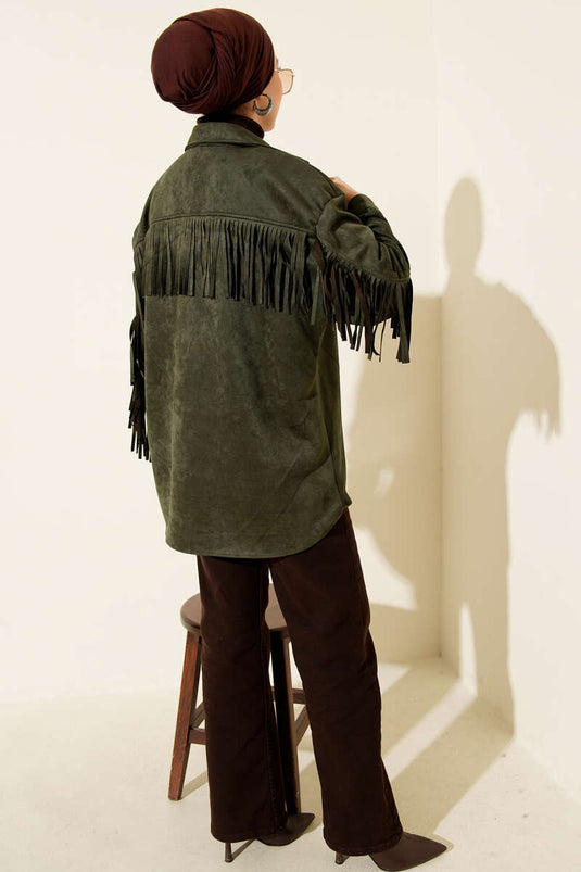 Tassel Buttoned Suede Jacket Khaki