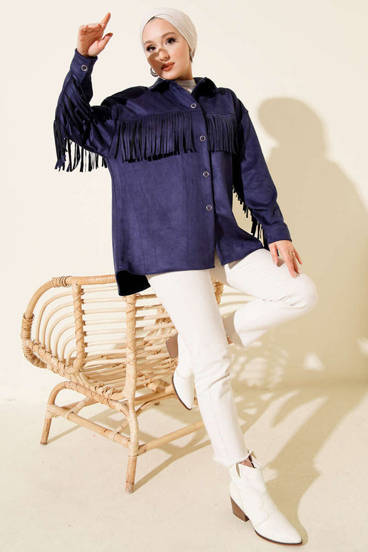 Tassel Buttoned Suede Jacket Navy Blue