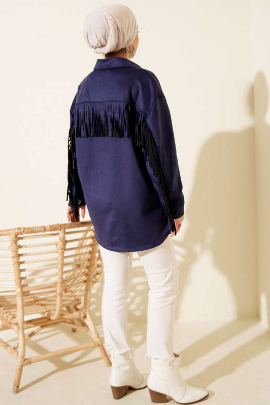 Tassel Buttoned Suede Jacket Navy Blue