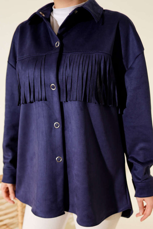 جاكيت من جلد الغزال بأزرار مزينة بالشراريب، أزرق داكن