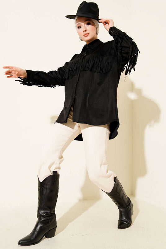 Tassel Buttoned Suede Jacket Black
