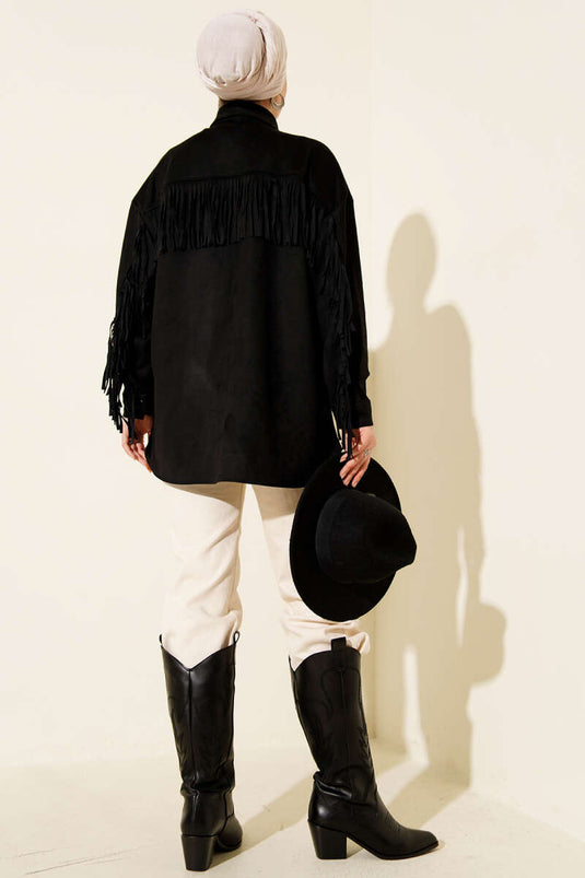 Tassel Buttoned Suede Jacket Black