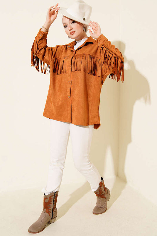 Tassel Buttoned Suede Jacket Tan