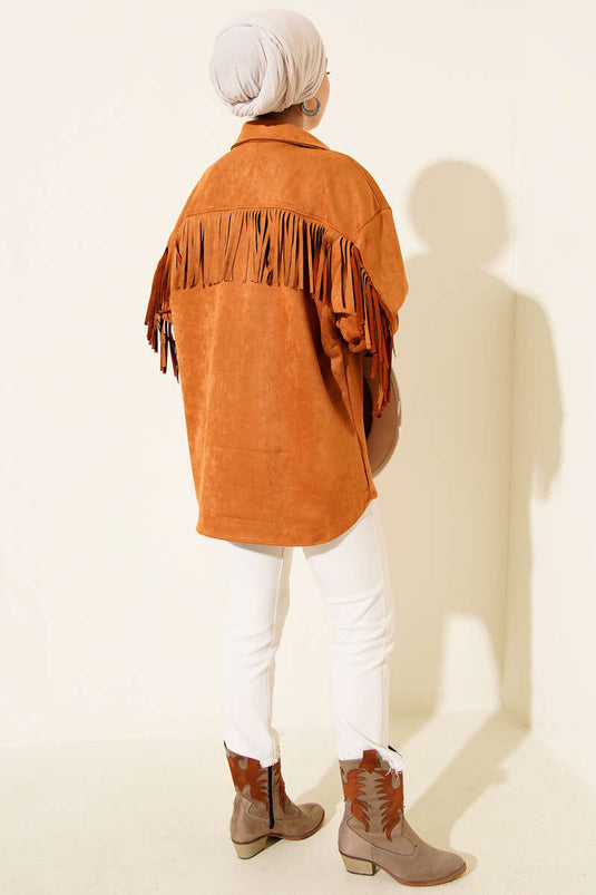 Tassel Buttoned Suede Jacket Tan