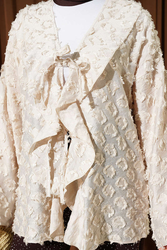 Kimono beige à pompons et volants avec lien en corde