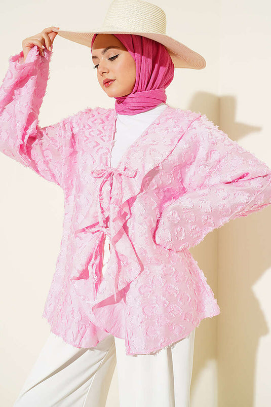 Kimono rose à pompons et volants avec lien en corde