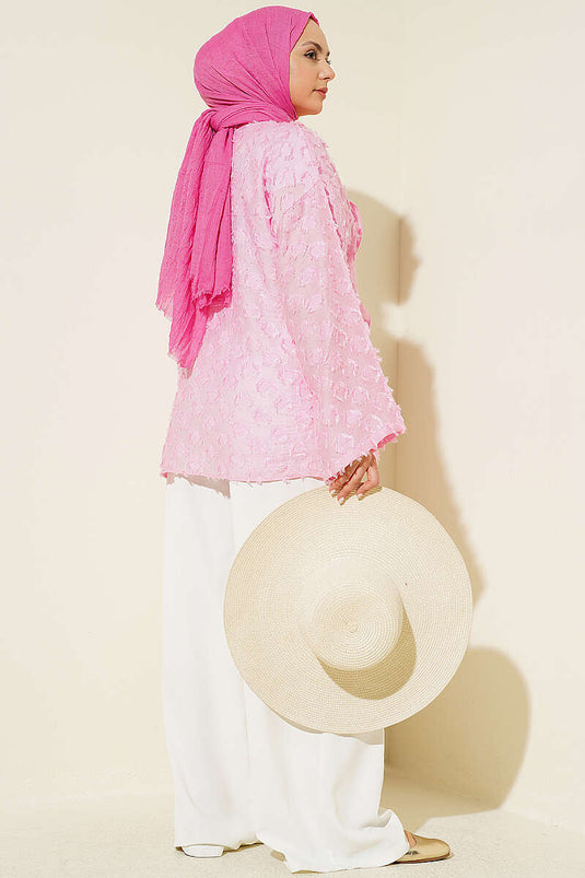 Kimono rose à pompons et volants avec lien en corde