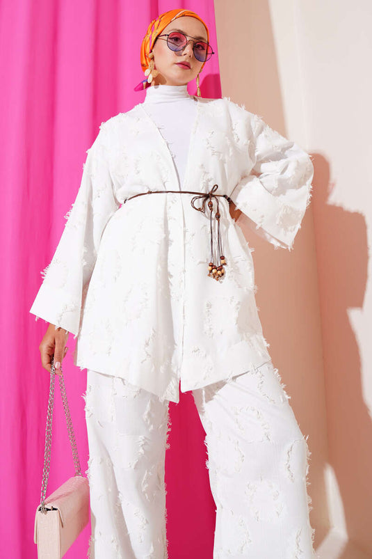 Tasseled Rope Belted Two Piece Suit White