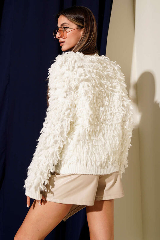 Püsküllü Kalp Düğmeli Hırka Ekru