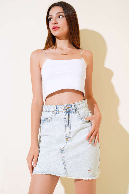 Tassel Denim Skirt Snow Light
