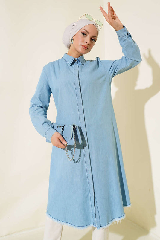 Fringed Denim Tunic Denim Ice Blue