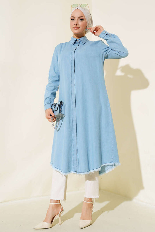 Fringed Denim Tunic Denim Ice Blue