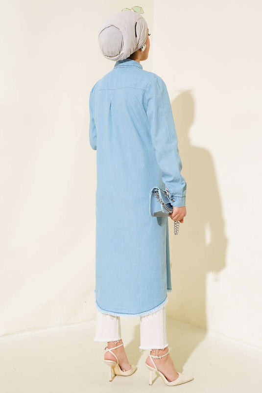 Fringed Denim Tunic Denim Ice Blue