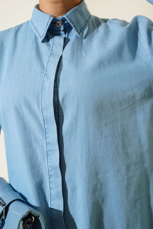 Fringed Denim Tunic Denim Ice Blue