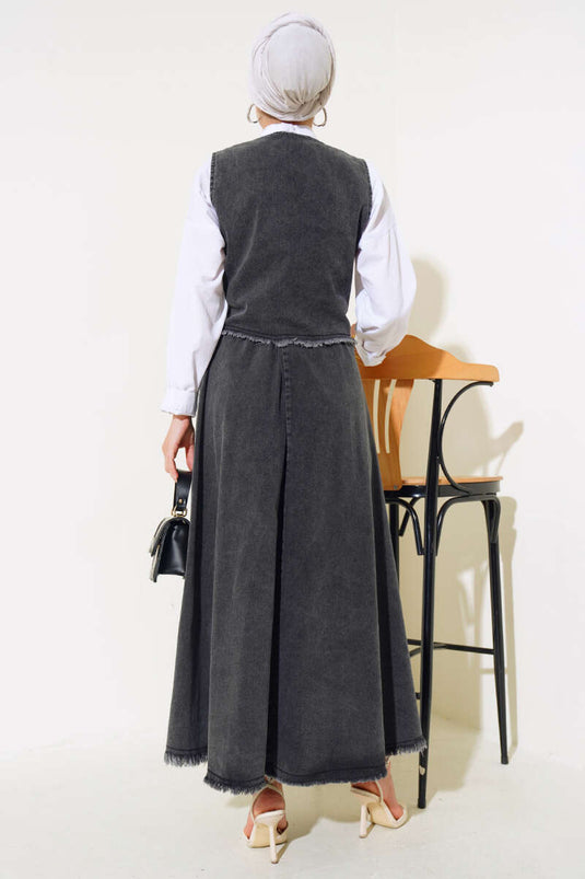 Püsküllü Kot Yelek Takım Füme